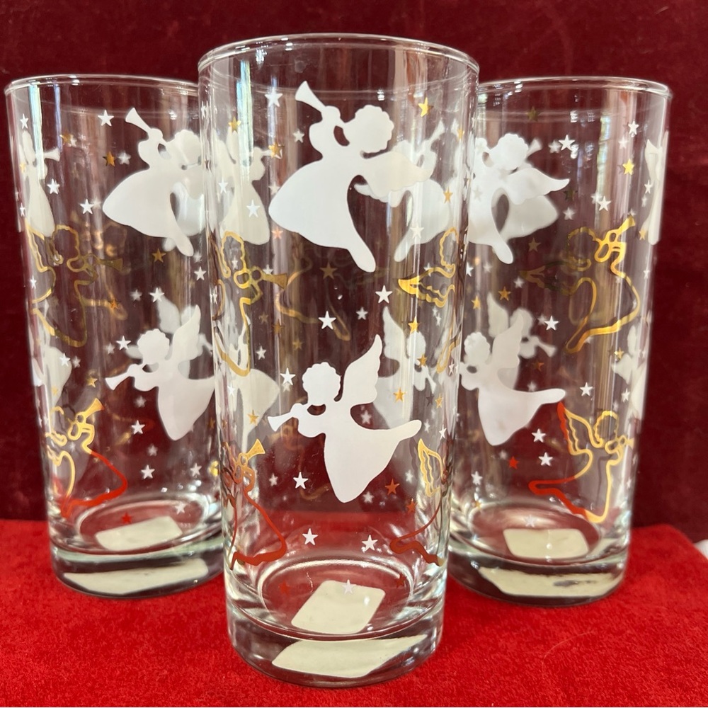 Anchor Hocking Holiday Glasses with White‎ and Gold Angels set of three
